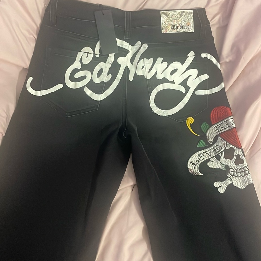 Ed Hardy Black Pants with Skull and Heart Motif